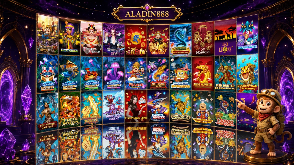 ผนังเกมสล็อต aladin888 พร้อมตัวละครลิงนักสำรวจในฉากม่วงทอง
